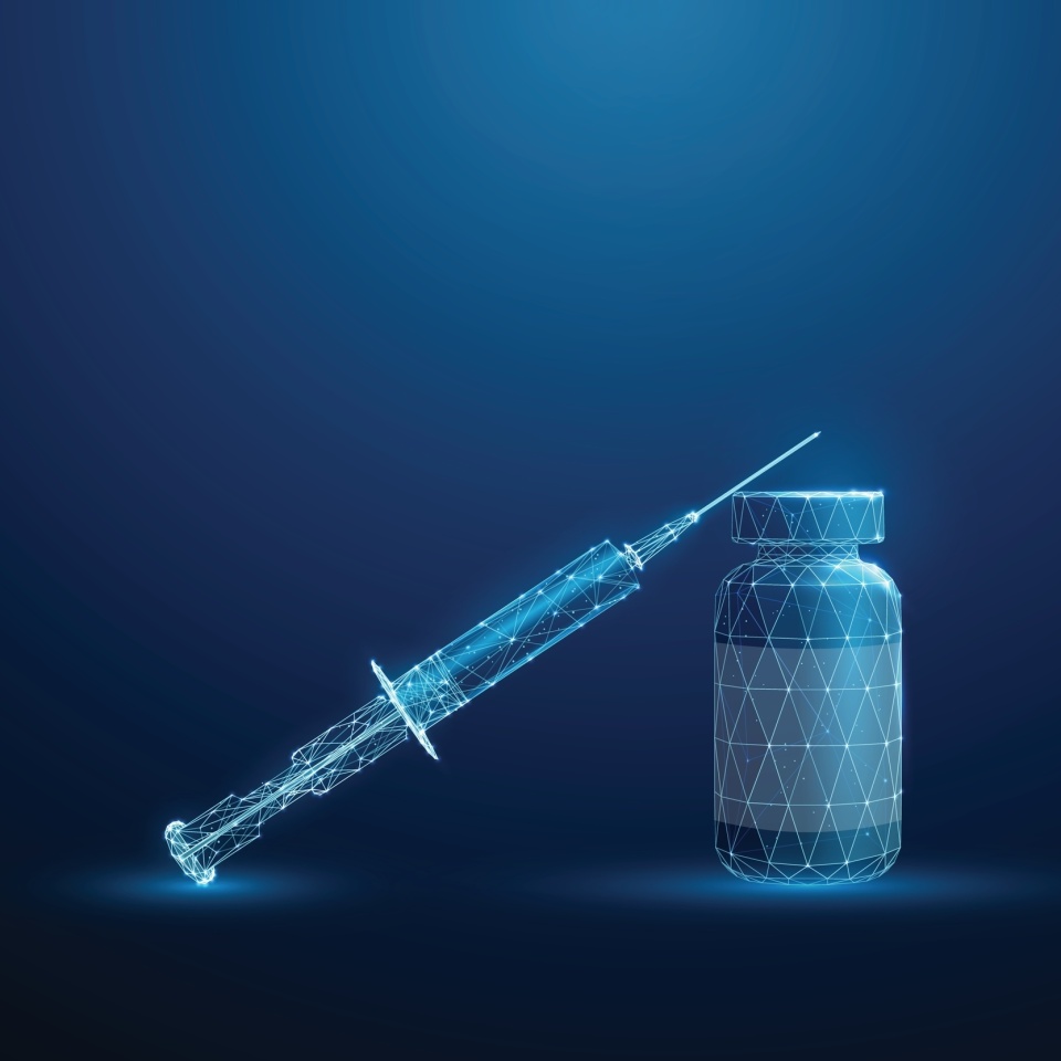 Blue syringe lying on a bottle. Medical vaccination, insulin injection, treatment concept. Low poly style. Abstract geometric background. Wireframe hologram structure. Modern blue 3d graphic. Vector.